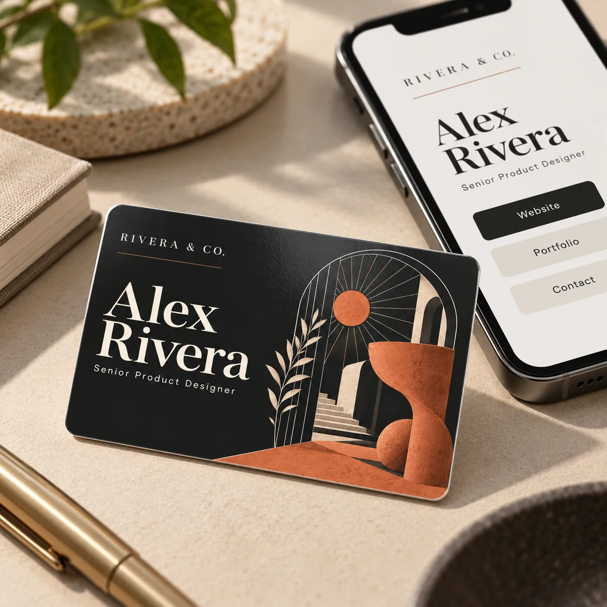 Product visualization of a custom business cards design beside a phone showing an example of what it opens.