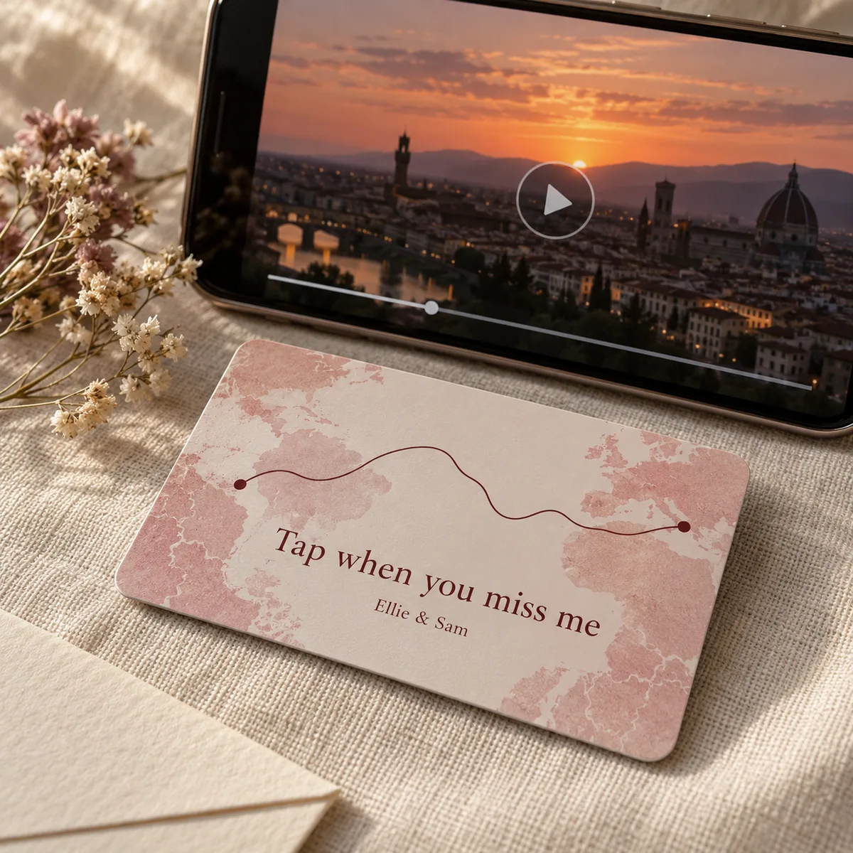 Product visualization of a long-distance card design beside a phone playing a video.