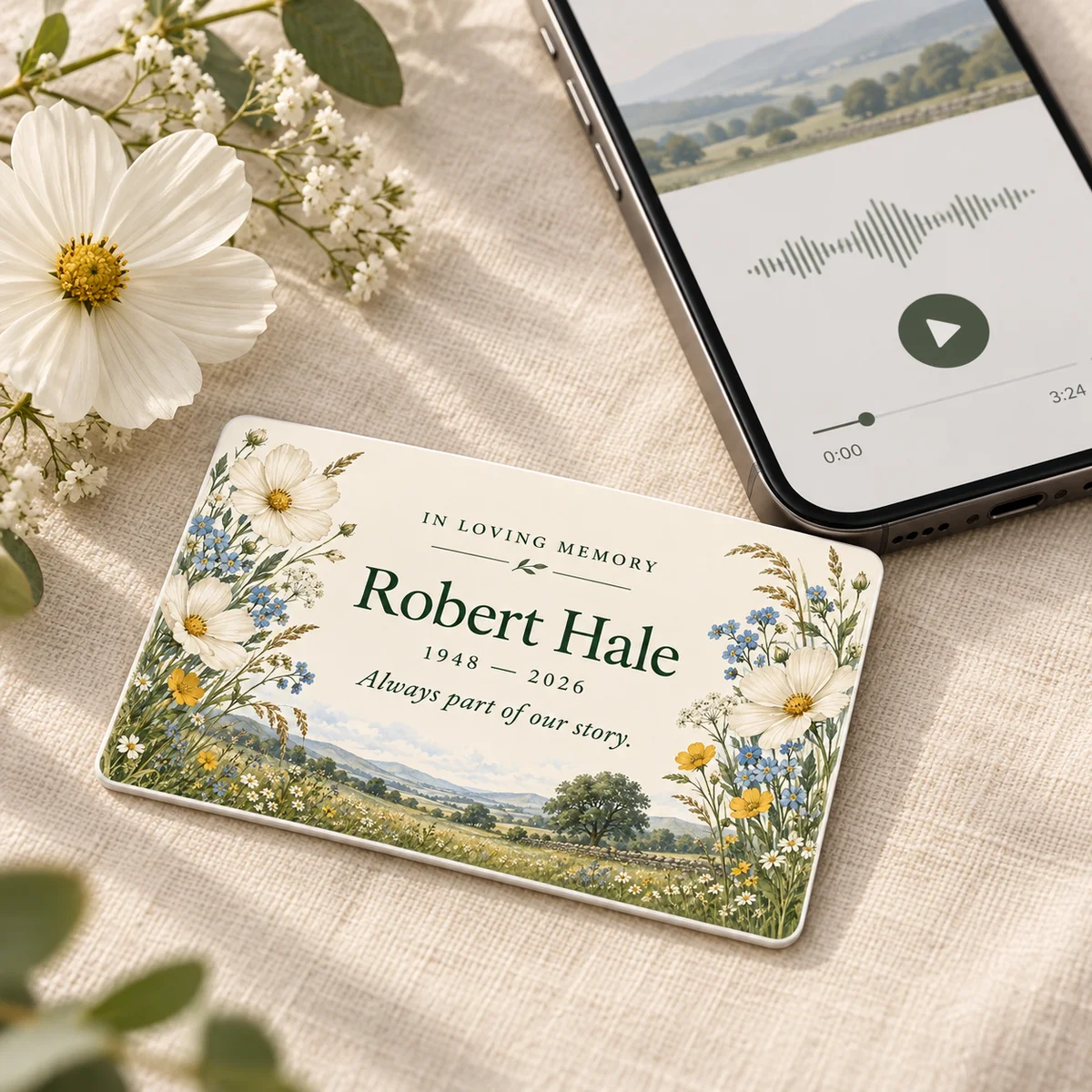 Product visualization of a custom memorial cards design beside a phone showing an example of what it opens.