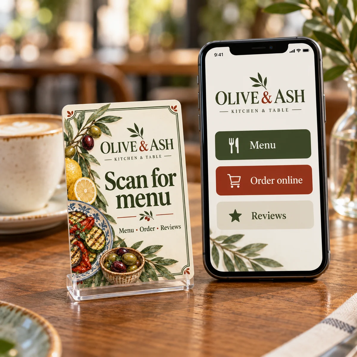 Product visualization of a custom restaurant cards design beside a phone showing an example of what it opens.