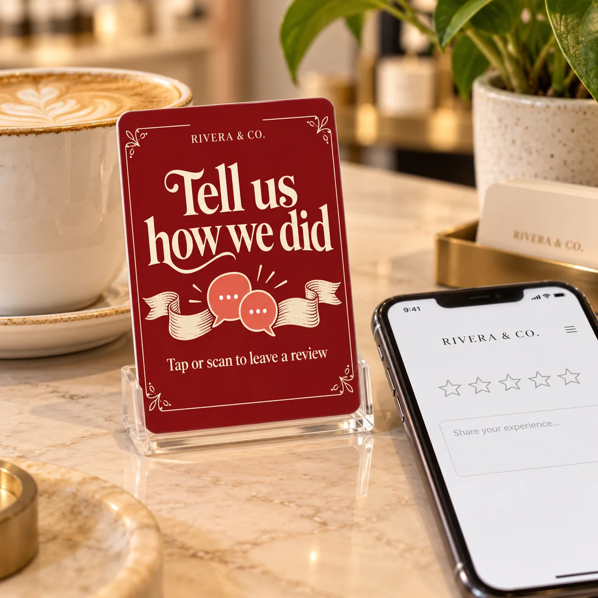 Product visualization of a custom review cards design beside a phone showing an example of what it opens.